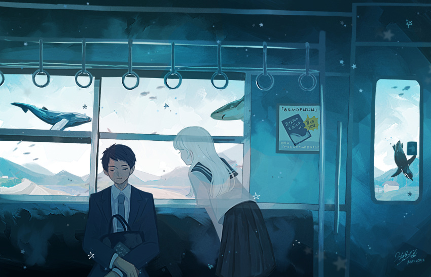 1boy, 1girl, ad, artist_name, bag, bangs, bird, black_skirt