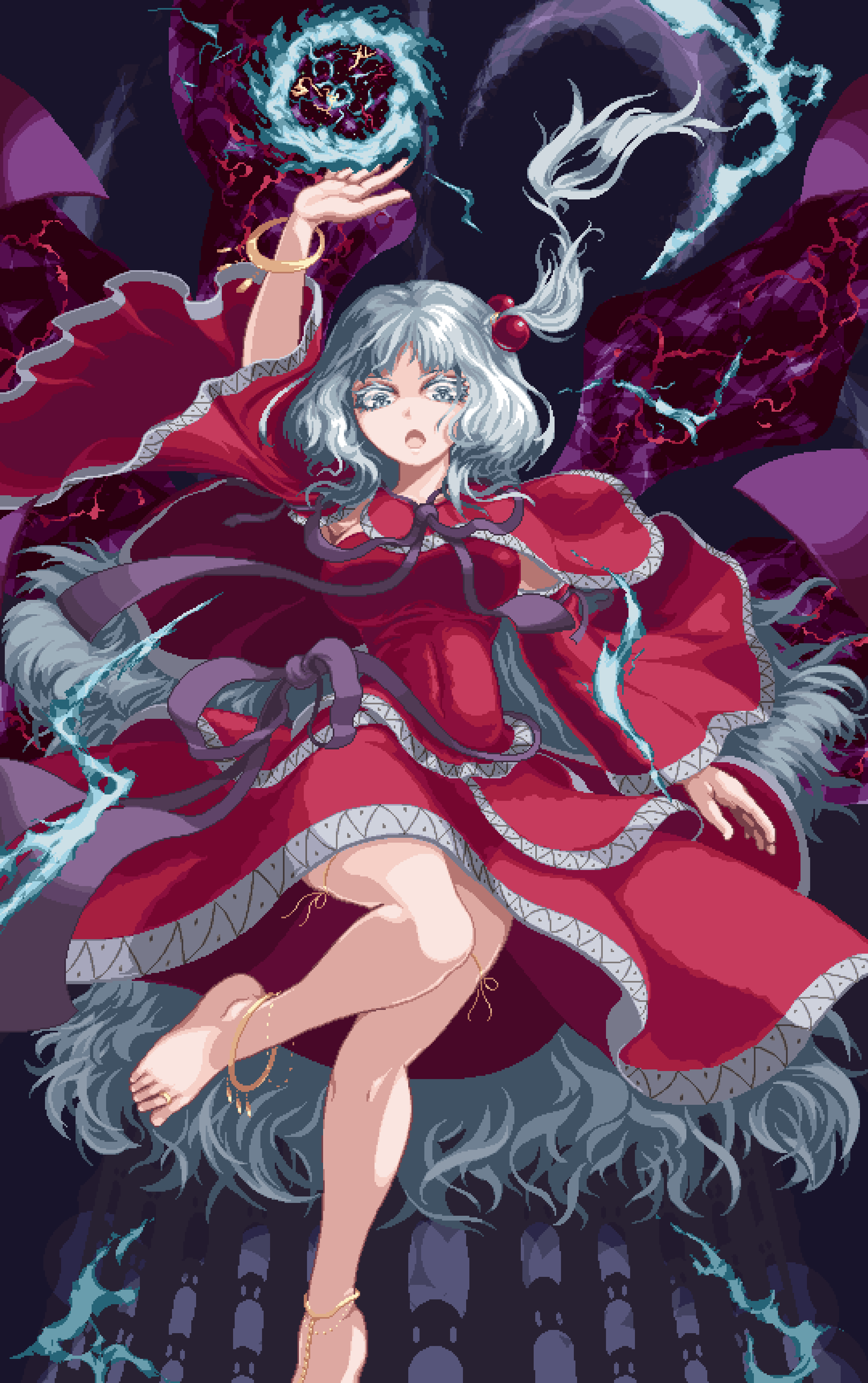 1girl, absurdres, anklet, barefoot, black_ribbon, black_sash, bracelet, breasts