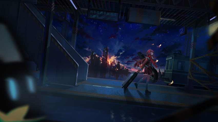 1girl, absurdres, black_footwear, brown_hair, brown_jacket, building, chinese_commentary, city