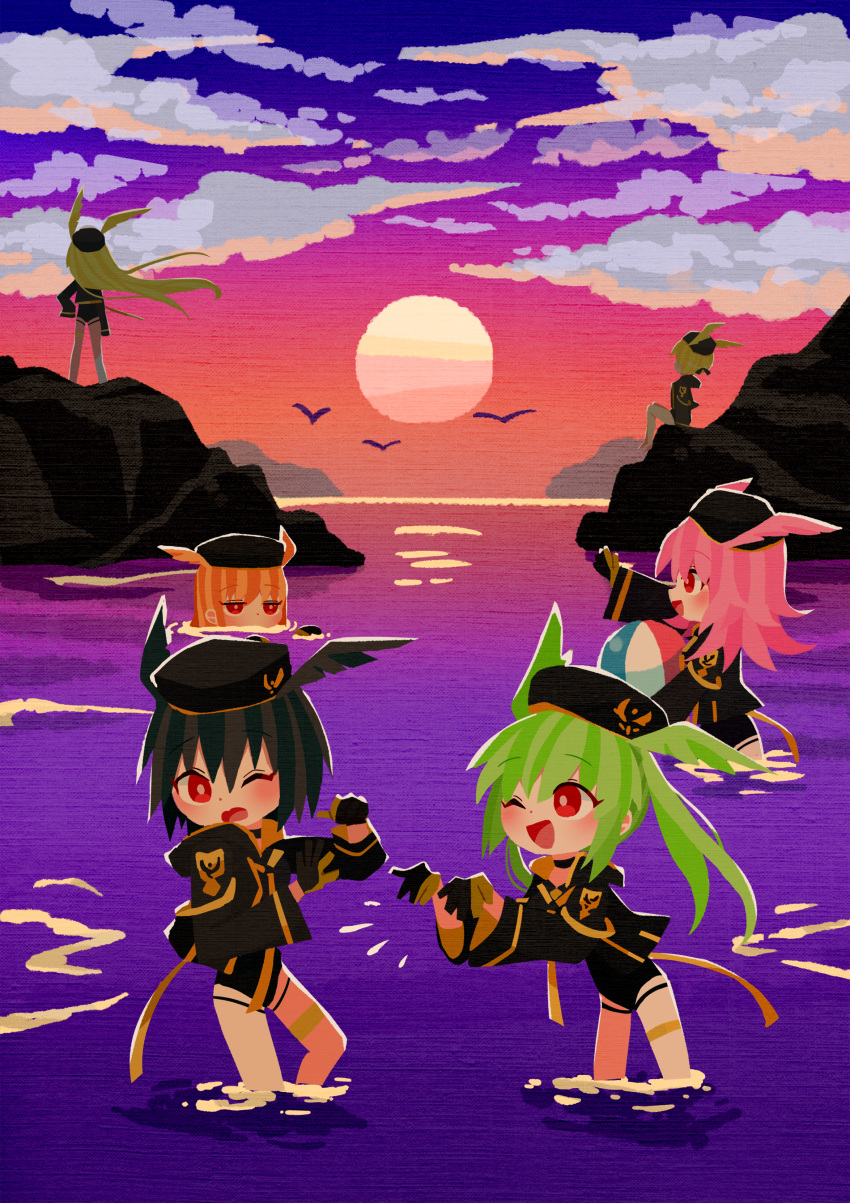 6+girls, absurdres, bird, black_gloves, black_hair, black_headwear, black_jacket, black_swimsuit