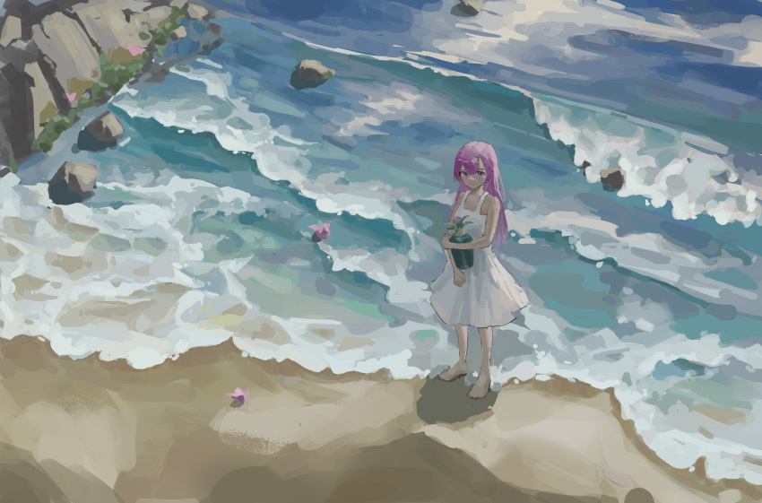 1girl, absurdres, barefoot, beach, commentary_request, dress, highres, holding