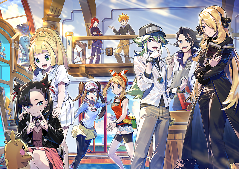4boys, 5girls, augustine_sycamore, black_hair, blonde_hair, blue_oak, book, brown_hair, collared_jacket, crossed_arms, cynthia_(pokemon), double_bun, fingersmile, green_hair, hair_bun, hands_on_another's_shoulders, holding, holding_book, lillie_(pokemon), marnie_(pokemon), may_(pokemon), morpeko, morpeko_(full), multiple_boys, multiple_girls, n_(pokemon), official_art, pointing, pokemon, pokemon_(creature), pokemon_(game), pokemon_bw, pokemon_bw2, pokemon_dppt, pokemon_hgss, pokemon_masters_ex, pokemon_sm, pokemon_swsh, pokemon_xy, redhead, rosa_(pokemon), shirt, silver_(pokemon), sleeveless, sleeveless_shirt, smile, squatting, statue, wobbuffet, zounose