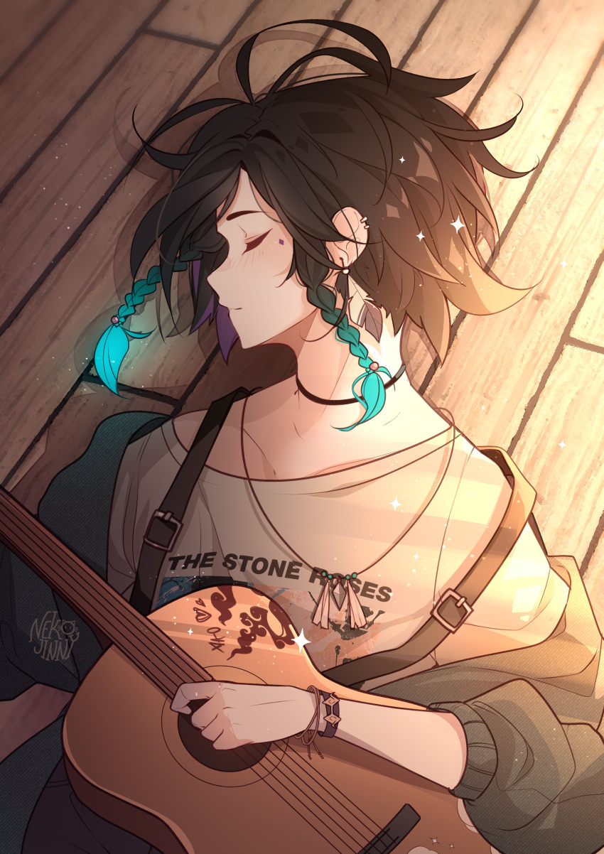 1boy, absurdres, black_hair, blue_hair, blue_jacket, bracelet, braid, closed_eyes, closed_mouth, earrings, genshin_impact, grey_shirt, guitar, highres, instrument, jacket, jewelry, lying, male_focus, medium_hair, multicolored_hair, necklace, nekojinnyart, on_back, on_floor, profile, shirt, sleeping, solo, suspenders, twin_braids, two-tone_hair, upper_body, venti_(genshin_impact)