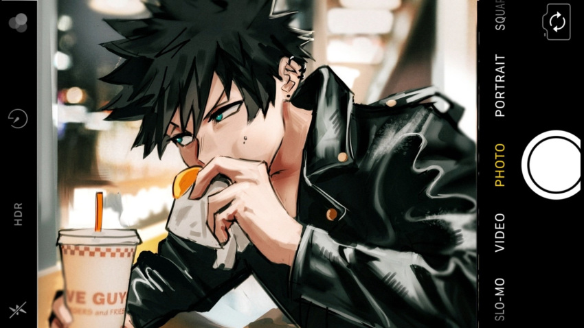 1boy, black_hair, blue_eyes, boku_no_hero_academia, burger, cellphone, commentary, dabi_(boku_no_hero_academia)