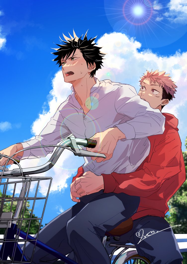 2boys, bicycle, bicycle_basket, black_hair, blue_sky, branch, clouds, cloudy_sky