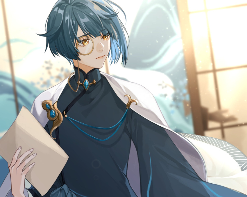 1boy, aoi_no_okina_(genshin_impact), asymmetrical_hair, bangs, blue_coat, blue_hair, blue_ribbon, blunt_bangs