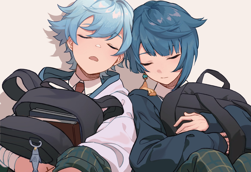 2boys, aqua_hair, back-to-back, backpack, bag, bangs, bishounen, blue_hair, chongyun_(genshin_impact), closed_eyes, closed_mouth, earrings, fridaynightcat, genshin_impact, hair_between_eyes, highres, holding, holding_bag, jewelry, long_sleeves, male_focus, multiple_boys, necktie, open_mouth, school_bag, school_uniform, short_hair, shoulder_bag, simple_background, sleeping, sleeping_on_person, tassel, white_background, xingqiu_(genshin_impact)