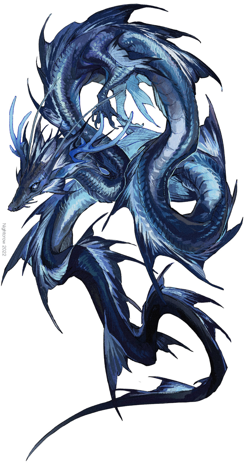 absurdres, artist_name, blank_eyes, blue_outline, blue_sclera, claws, colored_sclera, dragon, eastern_dragon, fins, from_side, full_body, highres, horns, nightcrow, no_humans, original, outline, scales, simple_background, solo, white_background