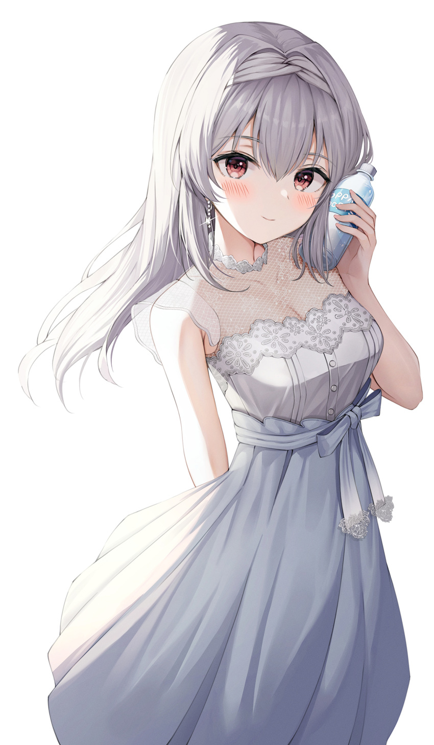 1girl, absurdres, arm_behind_back, armpit_crease, bangs, blush, bottle, buttons