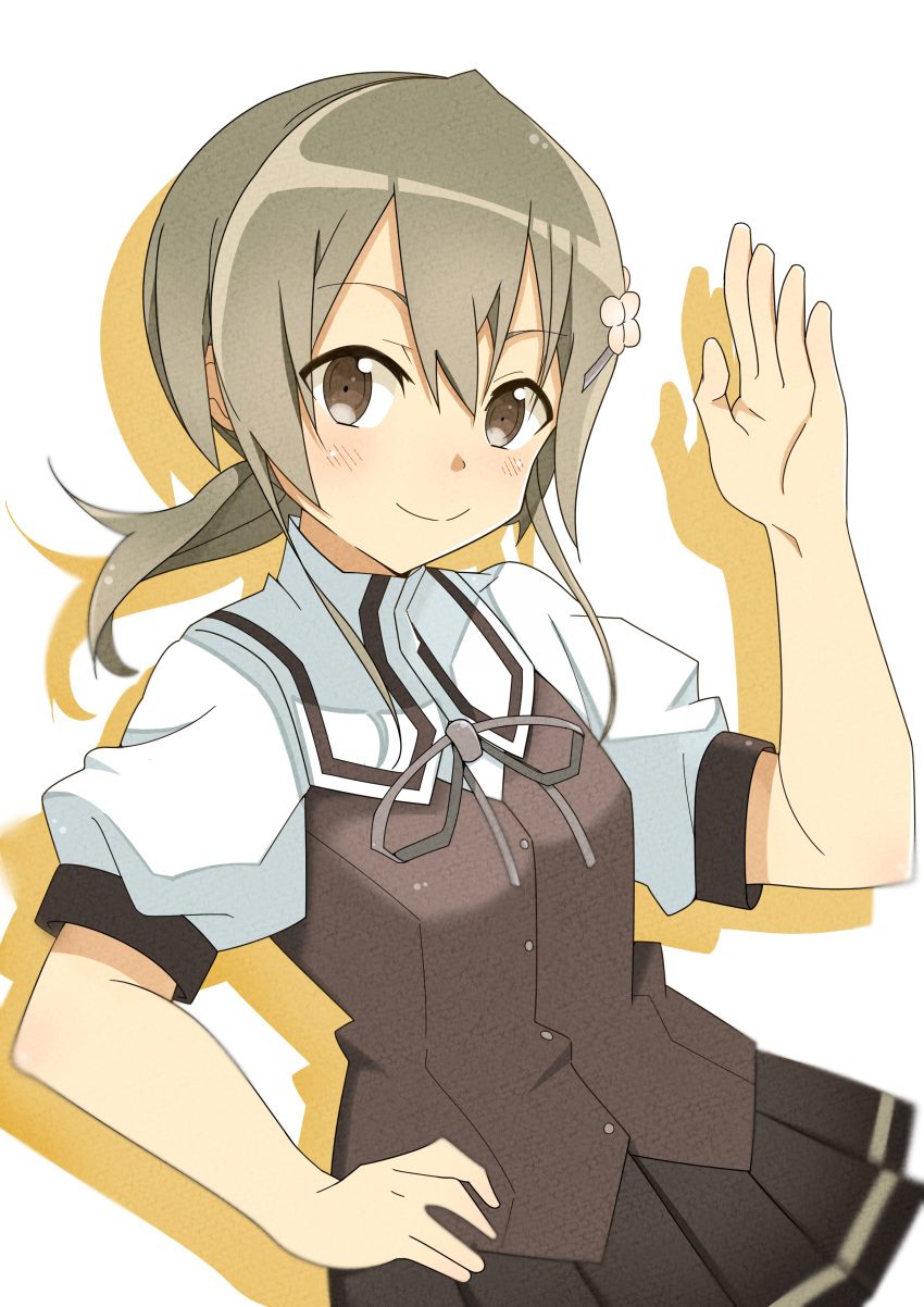 1girl, absurdres, blush, brown_eyes, brown_hair, flower, hair_between_eyes, hair_flower