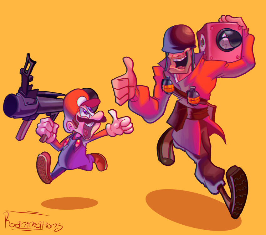 2boys, artist_name, belt, belt_pouch, blue_eyes, blue_overalls, boots, bullet_bill