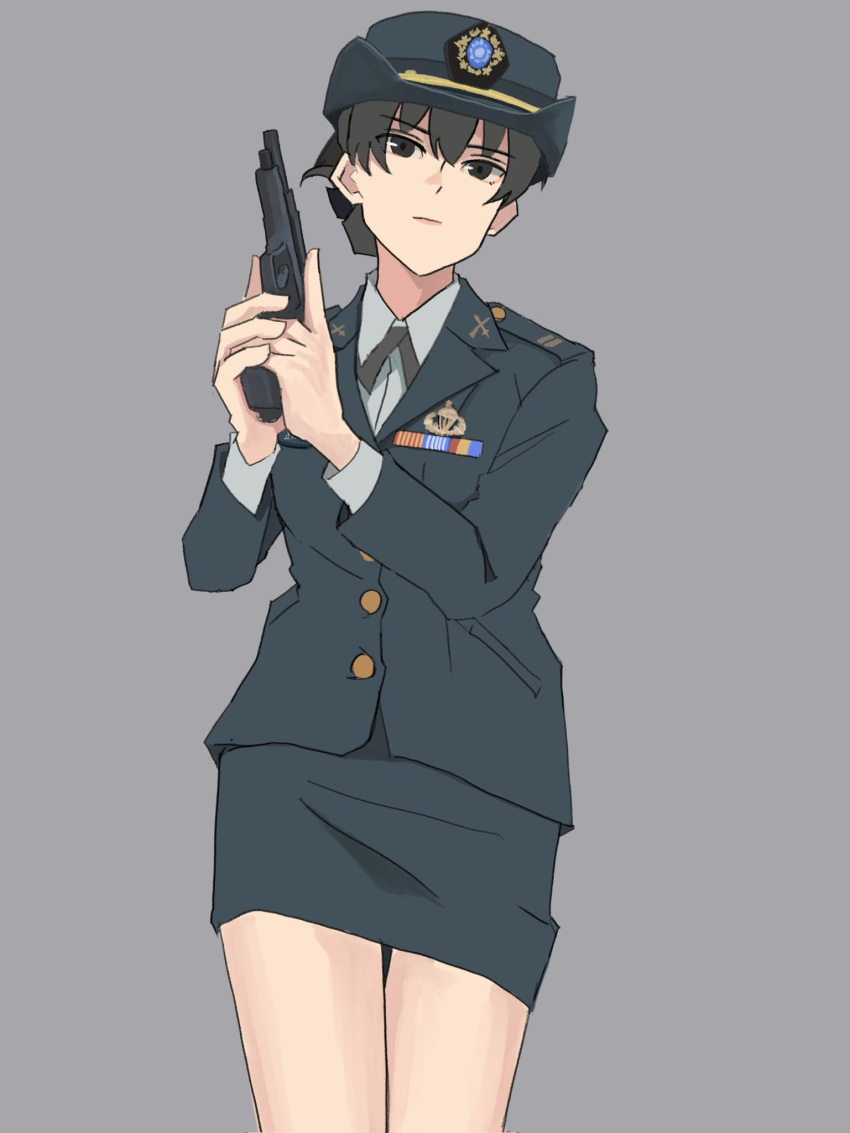 1girl, black_bow, black_eyes, black_hair, bow, bowtie, gun, hat