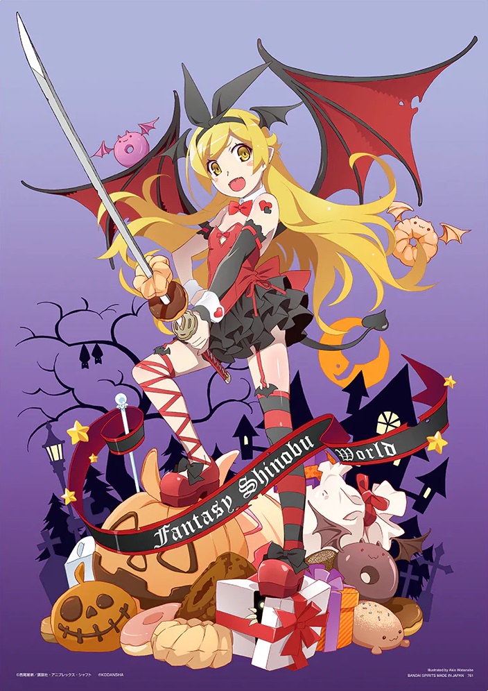 bat_(animal), bat_wings, blonde_hair, bow, bowtie, corset, cuff_links, doughnut