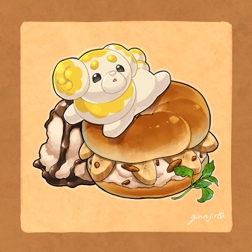 animal_focus, bagel, black_eyes, border, brown_border, commentary_request, fidough, ginnjiro, highres, leaf, looking_to_the_side, lying, no_humans, on_food, on_stomach, open_mouth, pokemon, pokemon_(creature), signature, solo