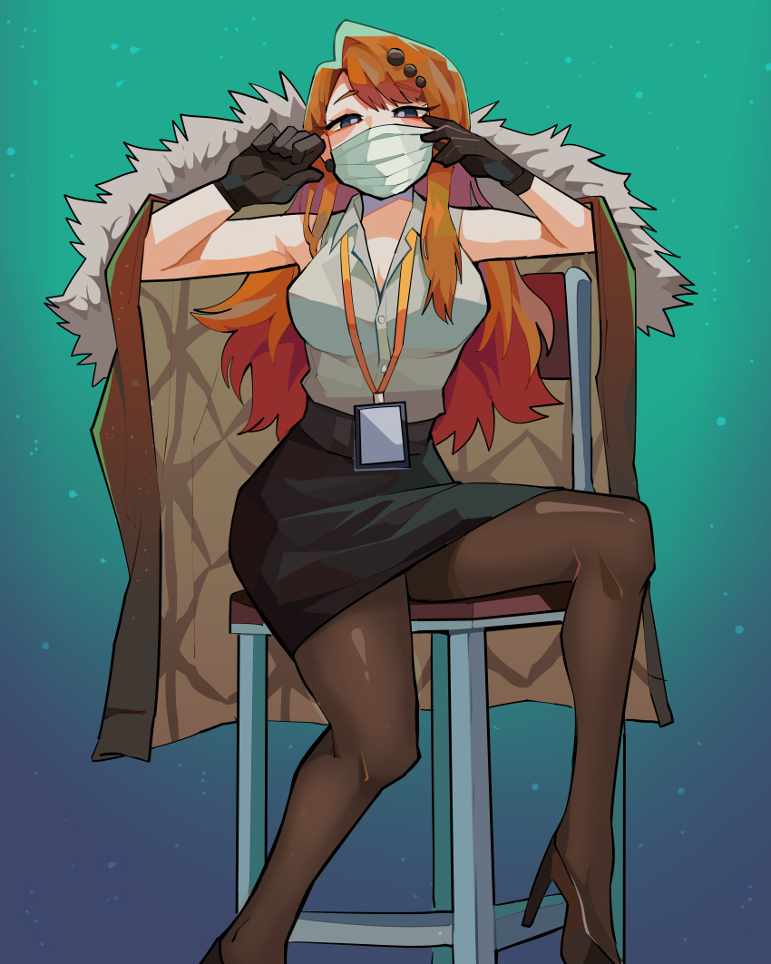 1girl, absurdres, alchemy_stars, black_eyes, black_gloves, breasts, chair, coat