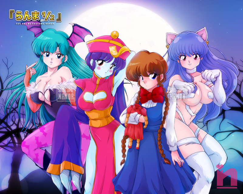 4girls, blue_eyes, brown_eyes, felicia_(vampire), green_hair, lei_lei, long_hair, looking_at_viewer, morrigan_aensland, multiple_girls, purple_hair, red_eyes, saotome_nanda, short_hair, vampire_(game)