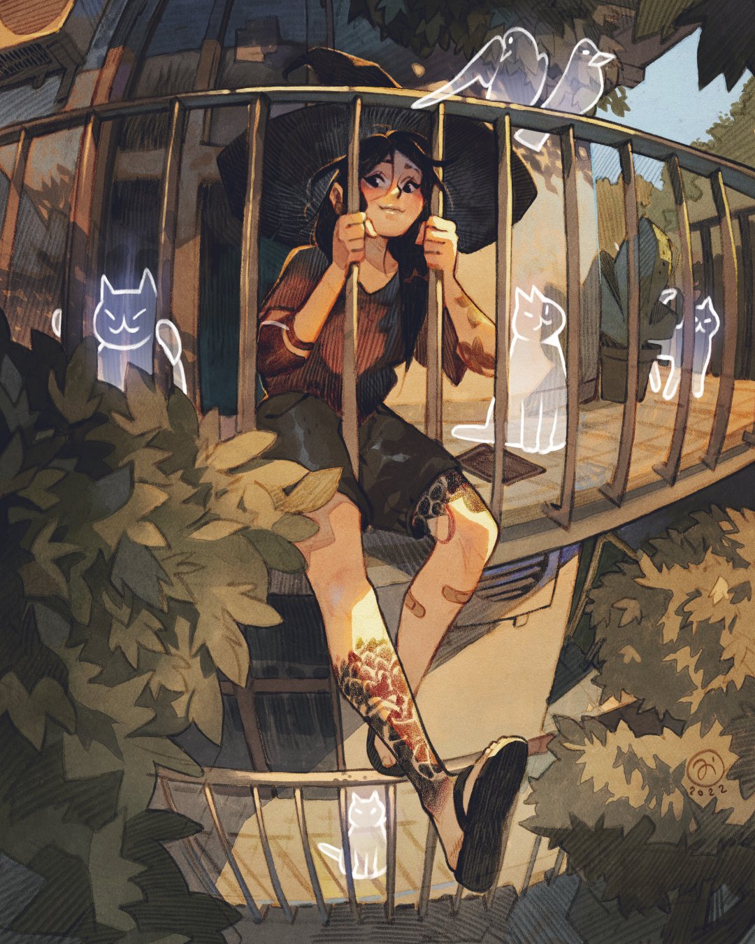 1girl, balcony, bandaid, bandaid_on_leg, bird, black_hair, black_shorts, building