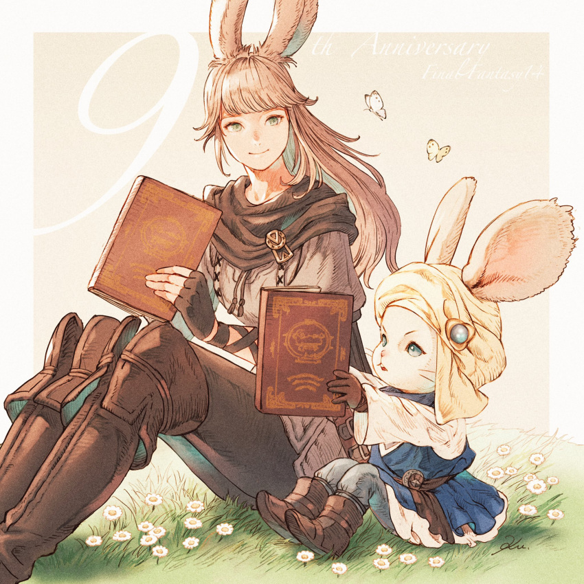 1girl, 1other, androgynous, animal_ears, avatar_(ff14), bangs, book, brown_hair, final_fantasy, final_fantasy_xiv, fingerless_gloves, gloves, green_eyes, highres, holding, holding_book, kuroimori, long_hair, loporrit, rabbit_ears, sitting, smile, turban, viera, whiskers