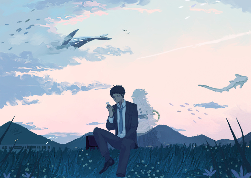 1boy, 1girl, absurdres, artist_name, back-to-back, bird, black_footwear, black_hair
