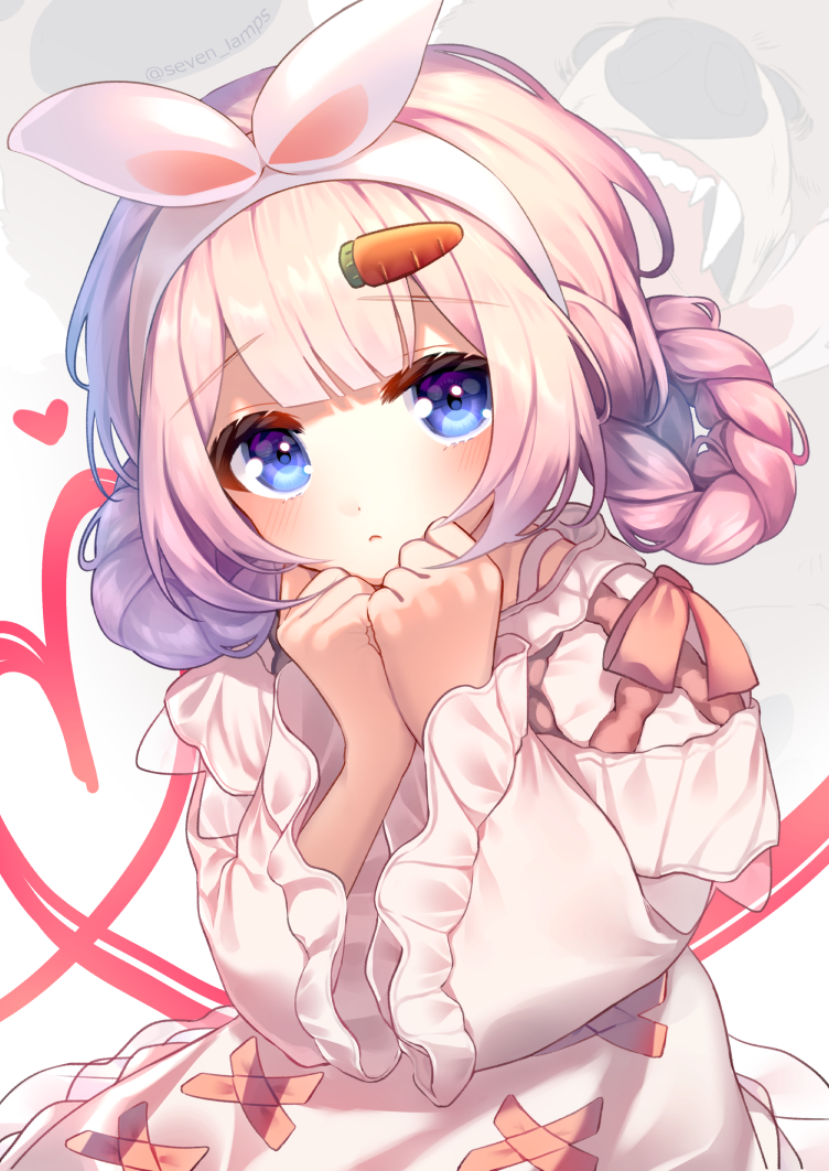 1girl, animal_ears, bangs, blue_eyes, blush, braid, carrot, cross-laced_dress
