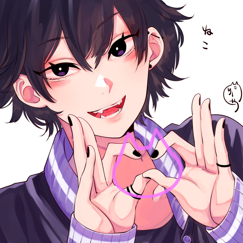 1boy, :d, bangs, black_hair, blush, earrings, fangs, heart