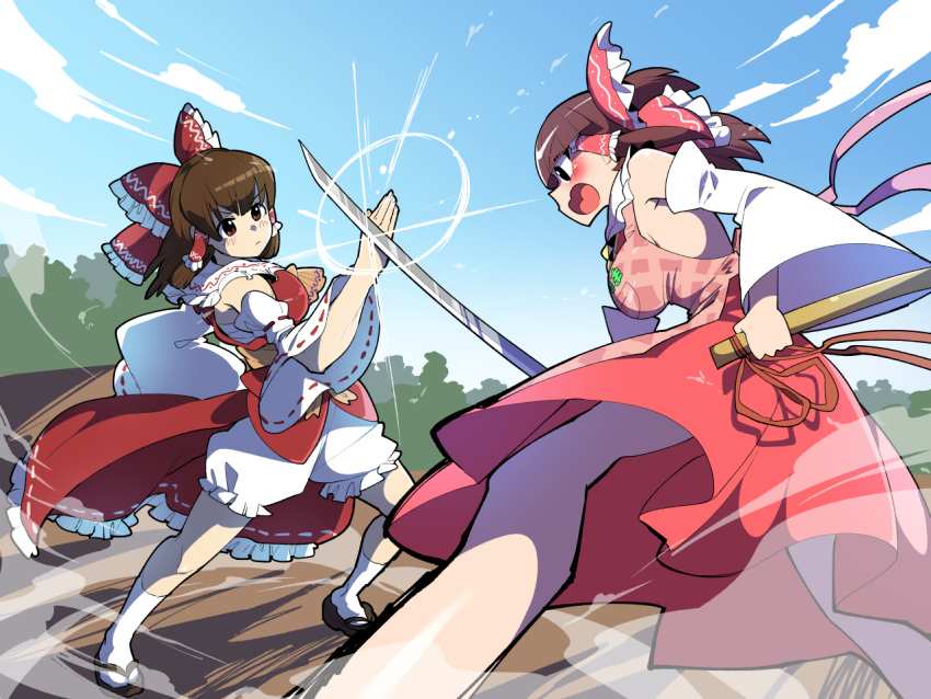 2girls, ascot, bangs, blocking, bow, brown_eyes, brown_hair, collared_shirt