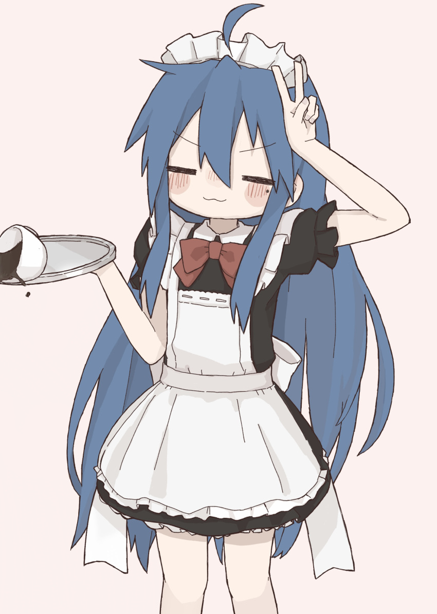 1girl, :3, ahoge, apron, arm_up, bangs, black_dress, blue_hair