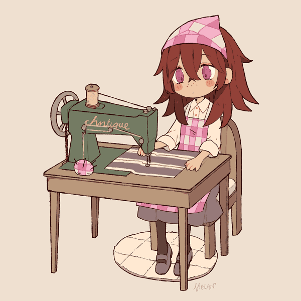..., 1girl, animal_crossing, animated, animated_gif, apron, bandana, bangs, blinking, blush, blush_stickers, brown_hair, buttons, chair, crossed_bangs, dark_skin, english_text, fabric, freckles, grey_footwear, grey_skirt, hair_between_eyes, long_bangs, long_hair, long_skirt, looking_at_object, looking_down, mary_janes, melanbread, no_nose, paid_reward_available, pantyhose, pincushion, plaid, plaid_apron, plaid_bandana, rug, sable_able_(animal_crossing), sewing, sewing_machine, sewing_pin, shirt, shoes, signature, simple_background, sitting, skirt, solo, table, tan_background, tareme, thread, violet_eyes, white_shirt