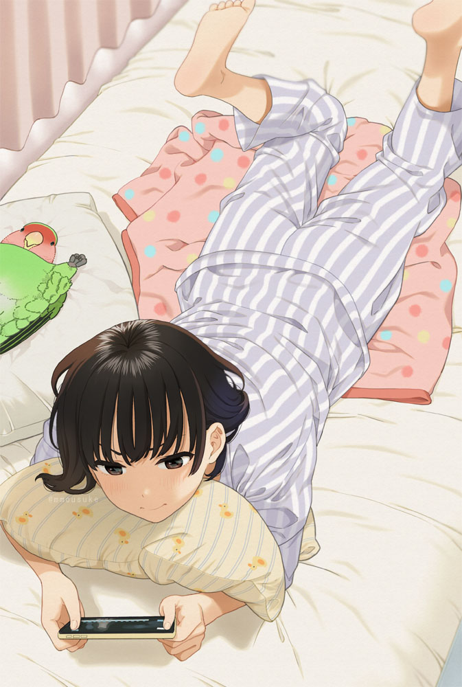 1girl, artist_name, bangs, barefoot, bed, bed_sheet, blush, brown_hair, cellphone, closed_mouth, commentary_request, feet, feet_up, from_above, grey_pajamas, holding, indoors, long_sleeves, lying, mattaku_mousuke, on_stomach, original, pajamas, phone, pillow, shadow, shiny, shiny_hair, smartphone, soles, solo, striped, striped_pajamas, toes, watermark, white_pajamas