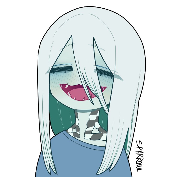 1girl, =_=, artist_name, blue_shirt, blush, closed_eyes, hair_between_eyes, ivy_(sparrowl), long_hair, open_mouth, original, scales, shirt, simple_background, smile, solo, sparrowl, upper_body, white_background