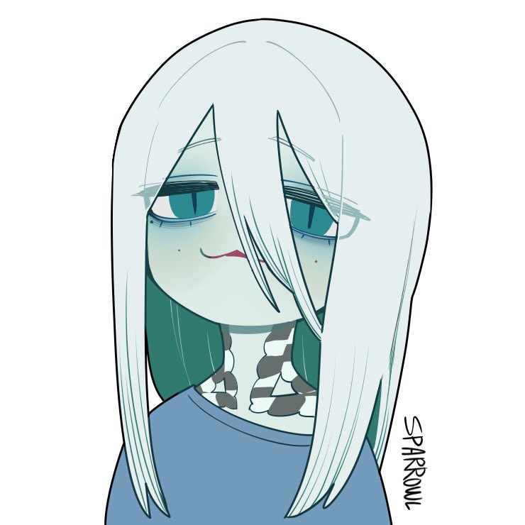 1girl, :3, artist_name, blue_shirt, green_eyes, hair_between_eyes, ivy_(sparrowl), long_hair
