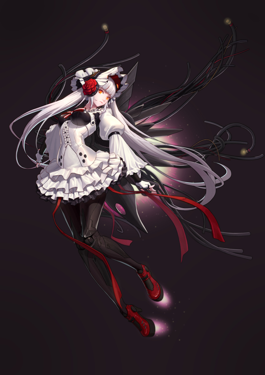 1girl, absurdres, boots, cable, closed_mouth, cyborg, dress, dungeon_and_fighter, expressionless, fingerless_gloves, floating, gloves, highres, j_ang, long_hair, long_sleeves, maid, maid_headdress, mechanical_legs, metal_wings, silver_luster_tagore, solo, twintails, white_dress, white_hair