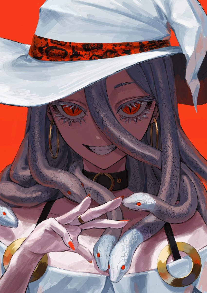 1girl, collar, earrings, eyelashes, grin, hat, highres, jewelry, long_hair, looking_at_viewer, original, red_background, red_eyes, red_nails, skyn_blue, slit_pupils, smile, snake_hair, solo, teeth, witch_hat