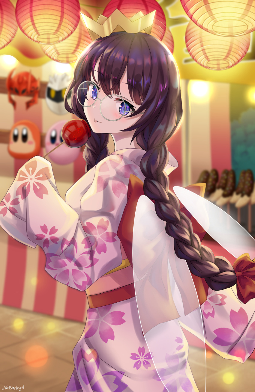1girl, black_hair, blue_eyes, braid, candy_apple, chocolate_banana, crown, fairy_wings