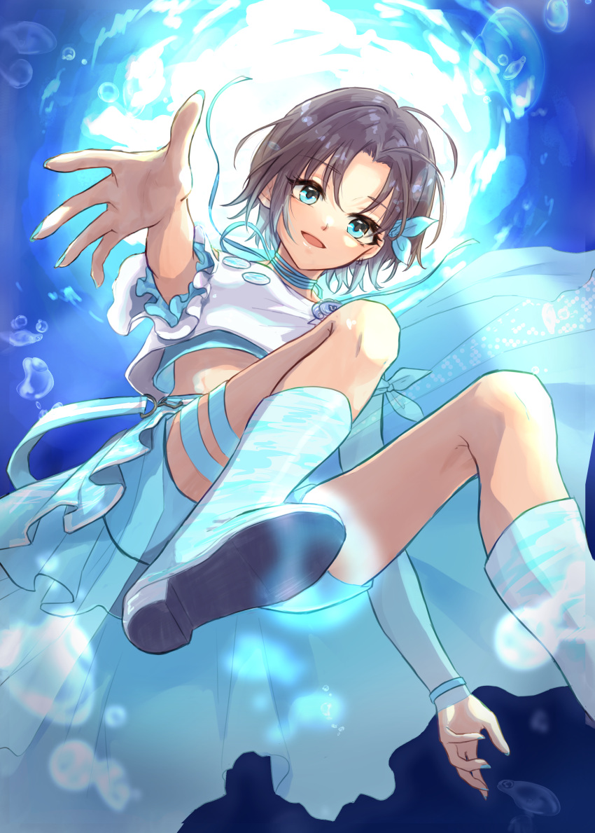 1girl, absurdres, ahoge, air_bubble, asakura_toru, black_hair, blue_eyes, blue_hair