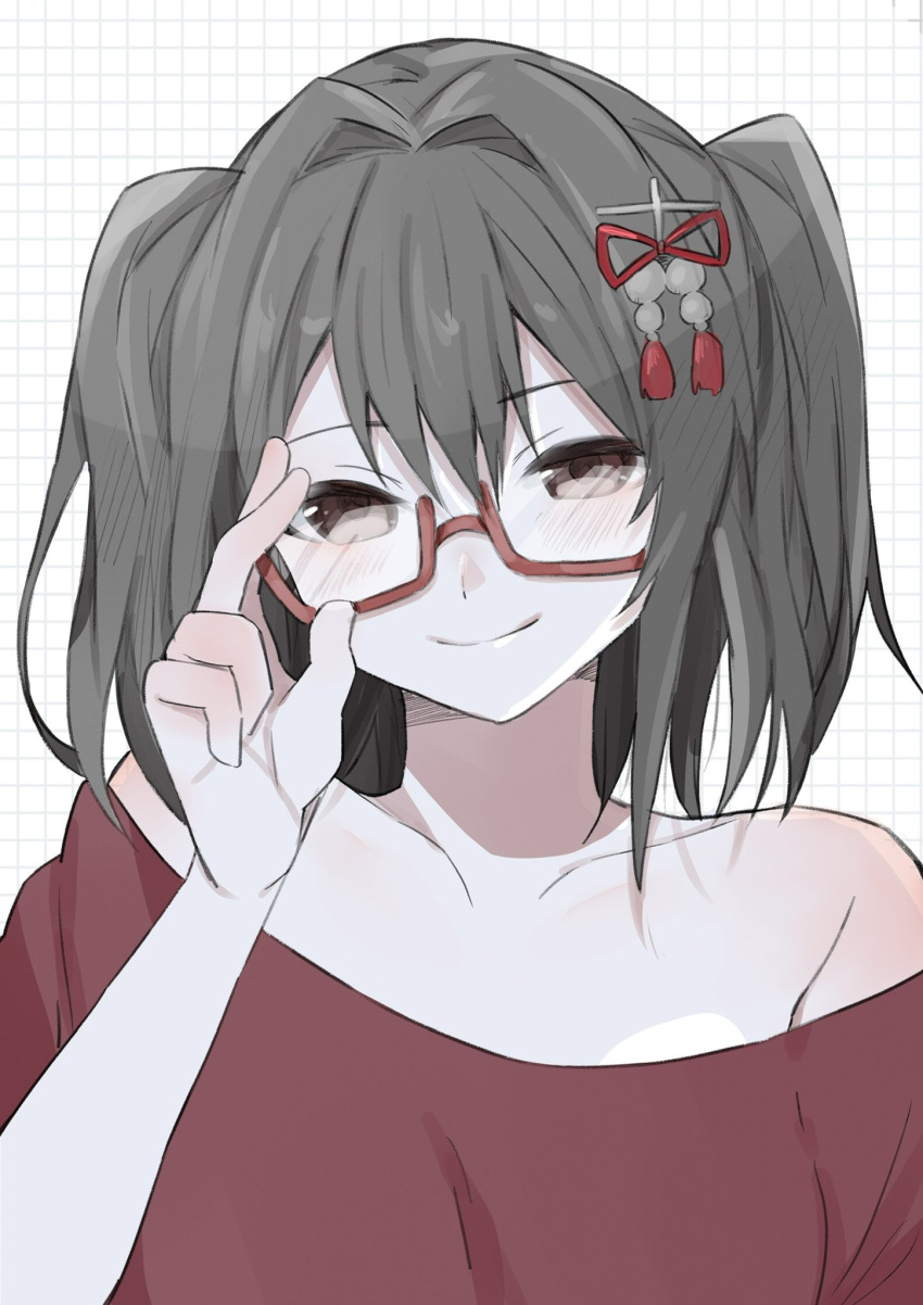 1girl, alternate_costume, bangs, bespectacled, brown_eyes, glasses, grey_hair, hair_between_eyes