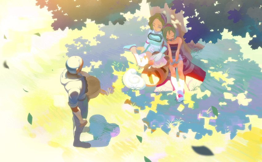 1boy, 2girls, against_tree, blurry, closed_eyes, commentary_request, dark-skinned_male, dark_skin