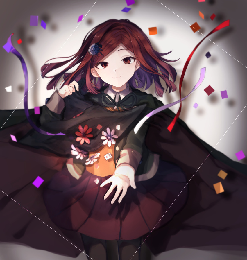 1girl, 5_106y, :3, absurdres, bangs, black_cape, black_pantyhose, black_ribbon, brown_eyes, brown_hair, cape, closed_mouth, cowboy_shot, danganronpa_(series), danganronpa_v3:_killing_harmony, floating_hair, gradient_hair, hair_ornament, highres, long_hair, looking_at_viewer, miniskirt, multicolored_hair, neck_ribbon, orange_sweater, pantyhose, parted_bangs, pleated_skirt, purple_hair, red_skirt, ribbon, skirt, smile, solo, standing, sweater, wing_collar, yumeno_himiko