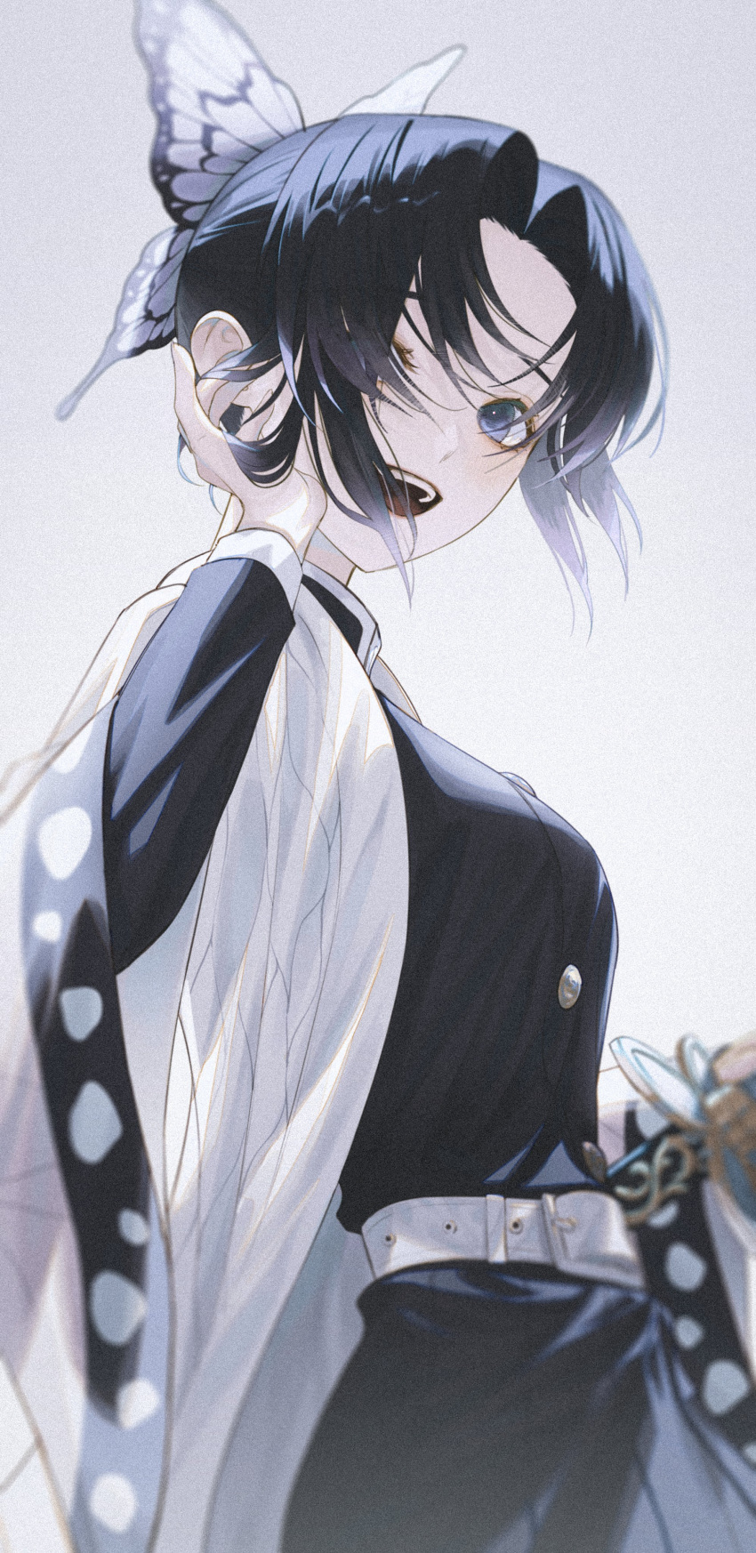 1girl, :d, absurdres, belt, belt_buckle, black_hair, black_jacket, blue_eyes, buckle, butterfly_hair_ornament, from_side, hair_intakes, hair_ornament, hand_in_own_hair, haori, highres, jacket, japanese_clothes, kimetsu_no_yaiba, kochou_shinobu, long_sleeves, open_mouth, polaris100705, sheath, sheathed, short_hair, smile, solo, standing, sword, weapon, white_belt