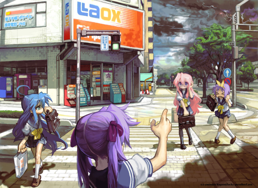 ahoge, bag, blue_eyes, blue_hair, city, crosswalk, glasses, green_eyes