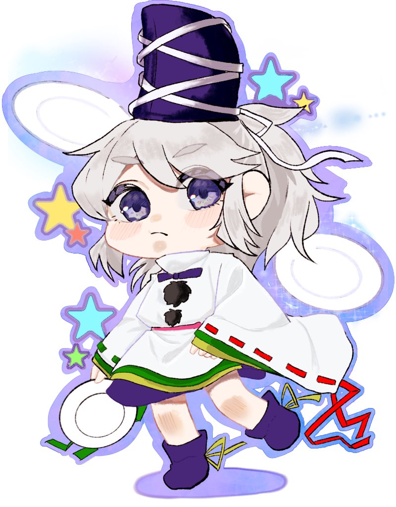 1girl, bow, bowtie, chibi, grey_hair, hat, hat_ribbon, holding