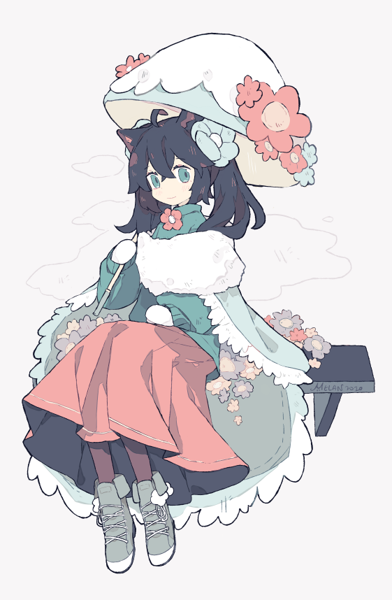 1girl, ahoge, animal_ears, aqua_eyes, aqua_sweater, bangs, bench, black_hair, boots, cat_ears, clothing_request, crossed_bangs, flower, full_body, grey_background, grey_footwear, hair_between_eyes, hair_flower, hair_ornament, holding, holding_umbrella, light_blush, long_hair, long_skirt, long_sleeves, looking_at_viewer, melan_(melanbread), melanbread, mittens, neck_flower, original, pantyhose, pink_skirt, pom_pom_(clothes), signature, sitting, skirt, sleeves_past_wrists, smile, solo, sweater, themed_object, twintails, umbrella, umbrella_flower, white_mittens, winter_clothes