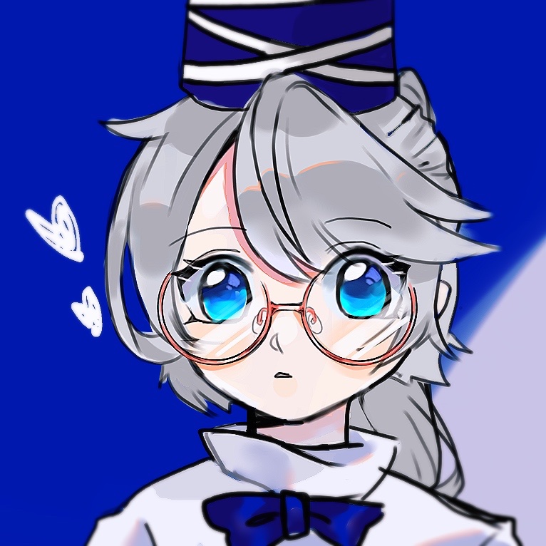 1girl, blue_background, blue_bow, blue_eyes, blue_headwear, bow, glasses, grey_hair