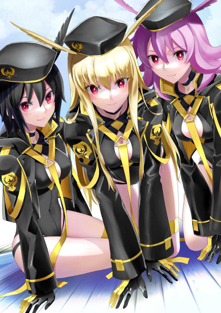 3girls, beret, black_hair, black_headwear, black_jacket, black_leotard, black_swimsuit, blonde_hair