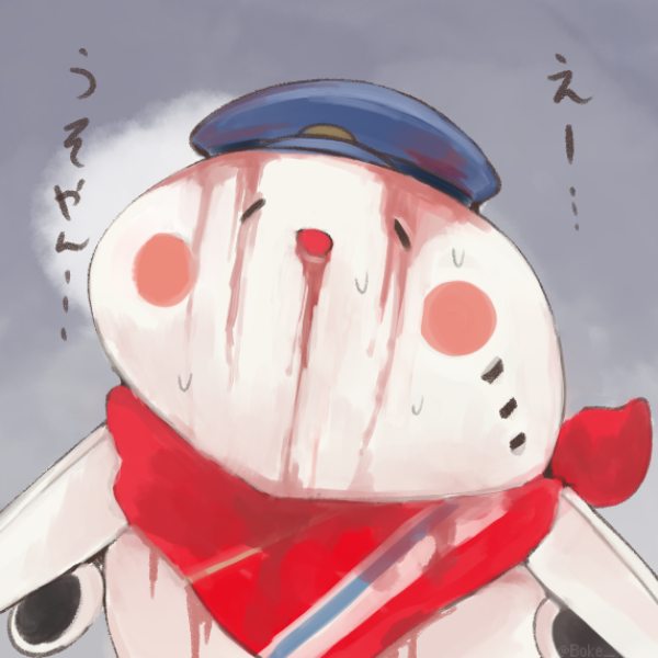 1other, aircraft, airplane, artist_name, bandana, blood, blood_from_mouth, blue_headwear, blush_stickers, boke-chan, closed_eyes, commentary_request, grey_background, hat, no_humans, open_mouth, osaka_international_airport, other_focus, peaked_cap, red_bandana, rust, simple_background, sorayan, sweat, talking, translation_request, twitter_username, upper_body, watermark