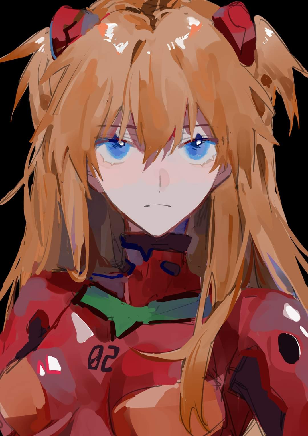 1girl, bangs, black_background, blue_eyes, bodysuit, breasts, closed_mouth, eyes_visible_through_hair