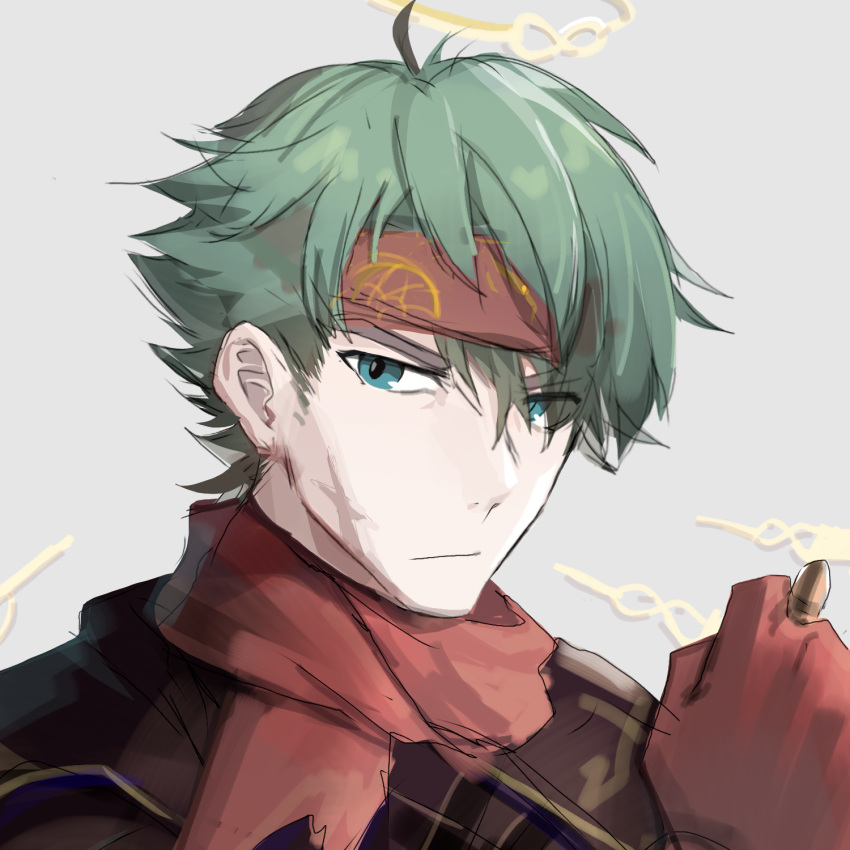 1boy, arknights, gloves, green_eyes, green_hair, grey_background, headband, highres