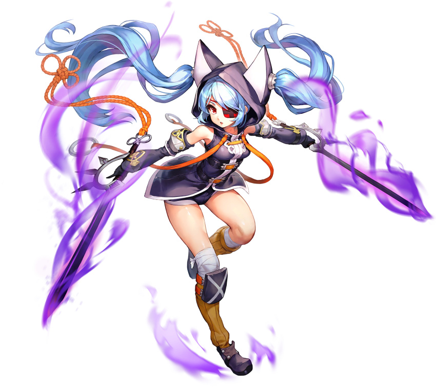 1girl, animal_hood, artificial_hero, cat_hood, detached_sleeves, dual_wielding, eyepatch, full_body, game_cg, glowing, glowing_weapon, hair_through_headwear, highres, holding, holding_sword, holding_weapon, hood, kakiman, last_origin, light_blue_hair, long_hair, looking_at_viewer, magic, official_art, red_eyes, revision, smoke, solo, sword, tachi-e, tachi_(artificial_hero), transparent_background, twintails, very_long_hair, weapon