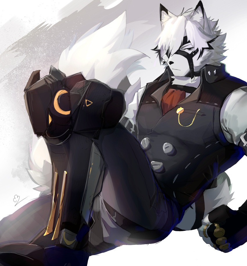 1boy, absurdres, animal_ears, black_eyes, boots, breast_pocket, clenched_hand, collared_shirt