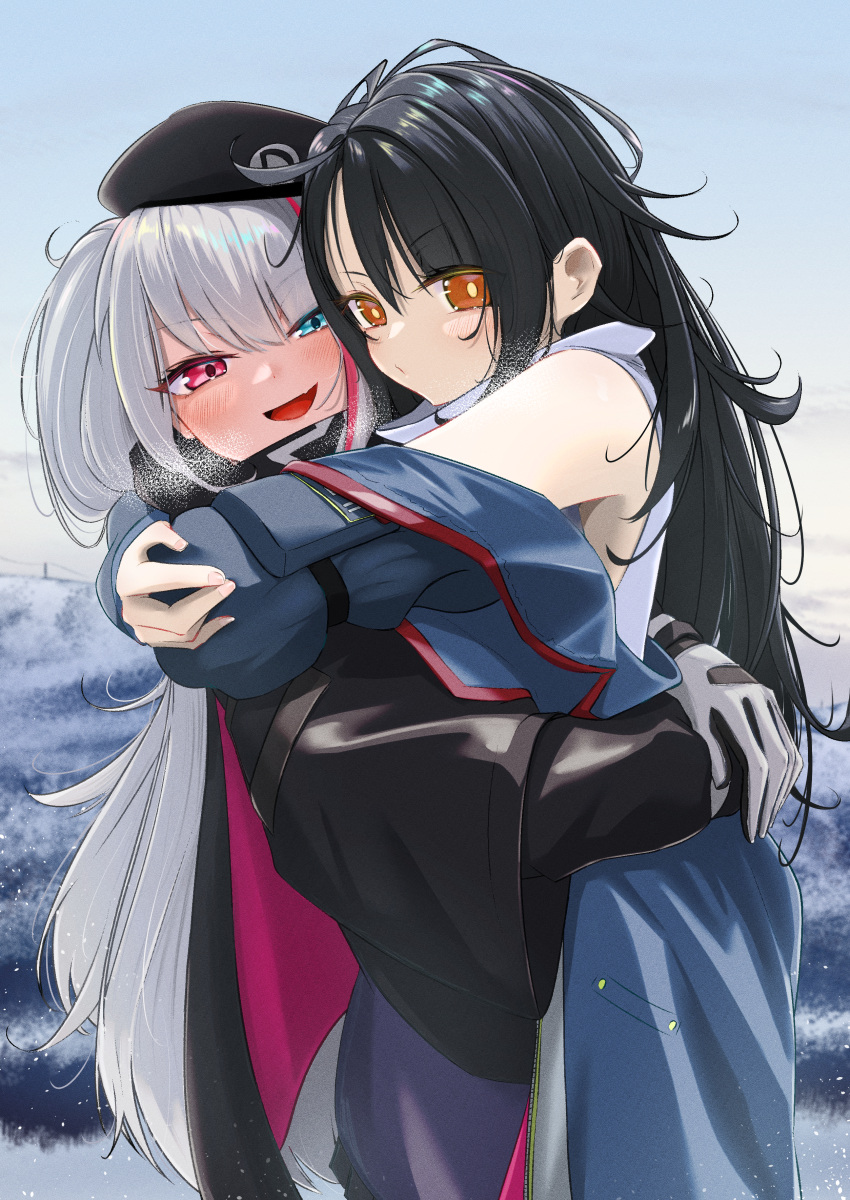 2girls, absurdres, beret, black_hair, c-ms_(girls'_frontline), girls_frontline, gloves, grey_hair, hat, heterochromia, highres, hug, jacket, long_hair, mdr_(girls'_frontline), messy_hair, multicolored_hair, multiple_girls, mutual_hug, off_shoulder, ohichi16, red_eyes, side_ponytail, streaked_hair, tactical_clothes, upper_body